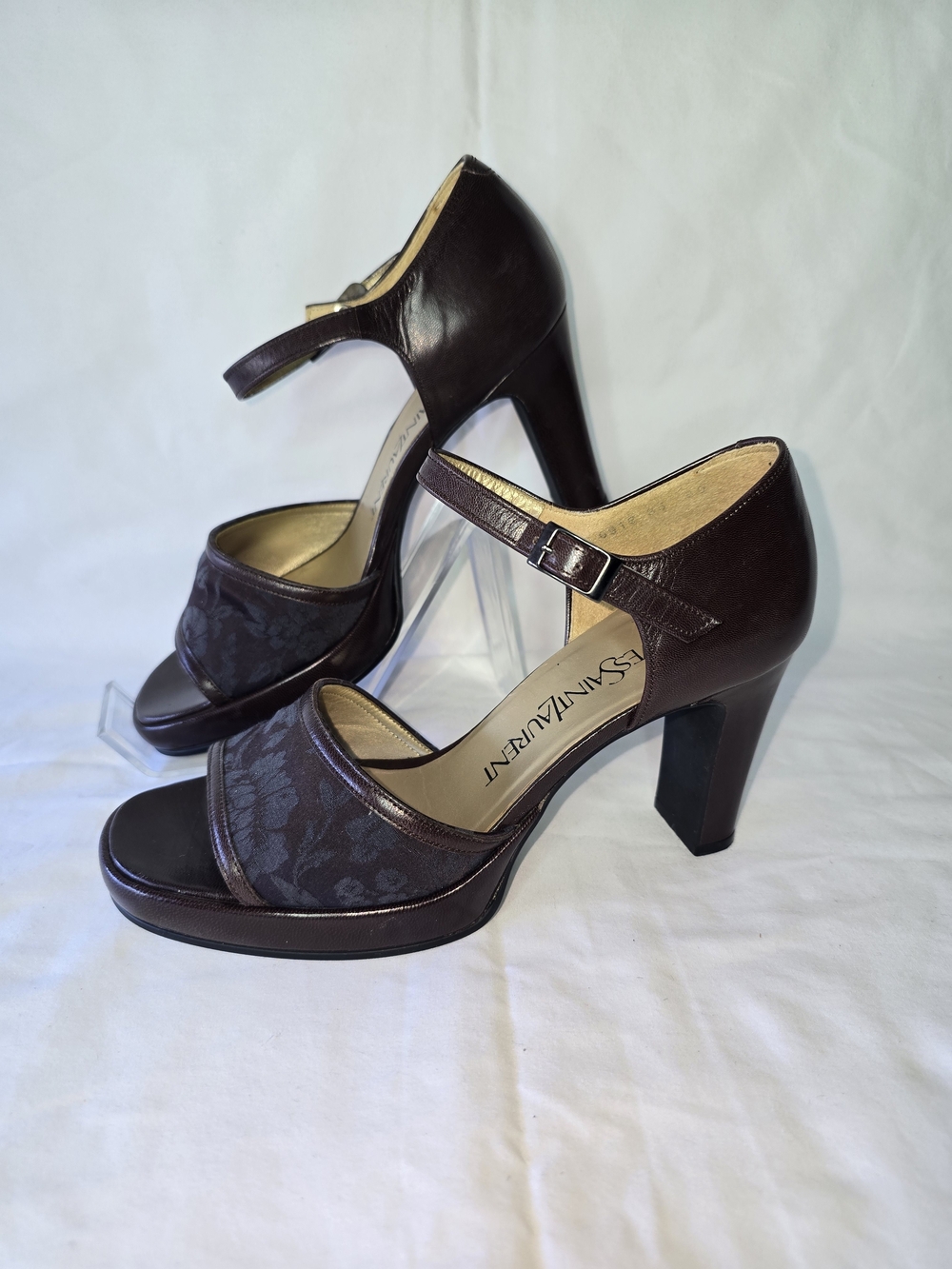 Saint Laurent Brown Leather & Jacquard Mary Jane Block Heels Size 35 - Picture 3 of 12